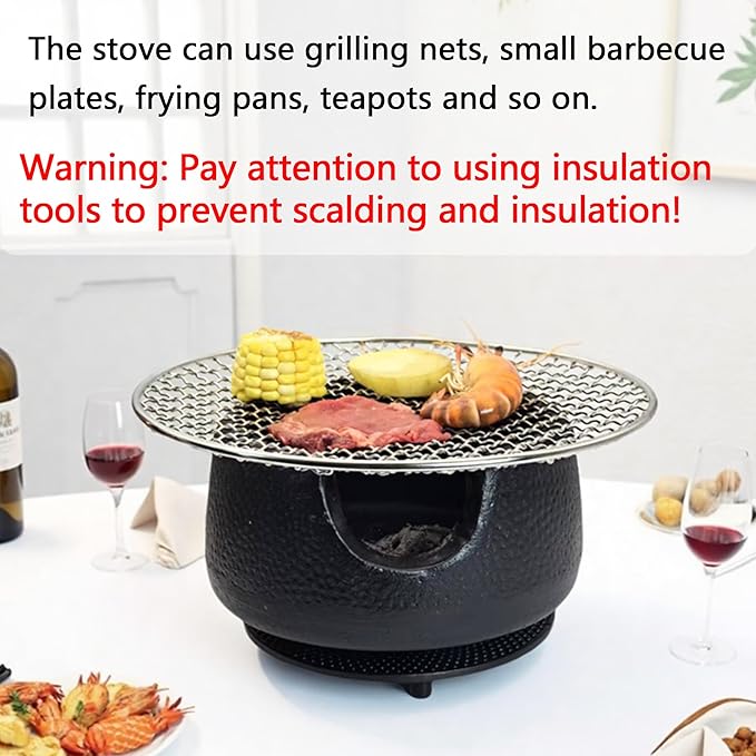 Cast Iron Teapot Warmer with Candle, Small Heavy Charcoal Stove for Tea Pot, Tea Kettle Warmer Set with Trivet, Barbecue Grill, Hibachi with 18/8 Stainless Steel Mesh
