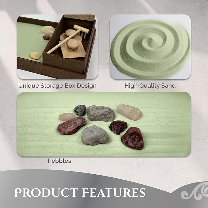 Wooden Zen Garden with Accessories Box | Palo Verde Sand with Rake & Accessories | Minimalist Decor Gift for Relaxation | Great for Storing Tools and Other Items