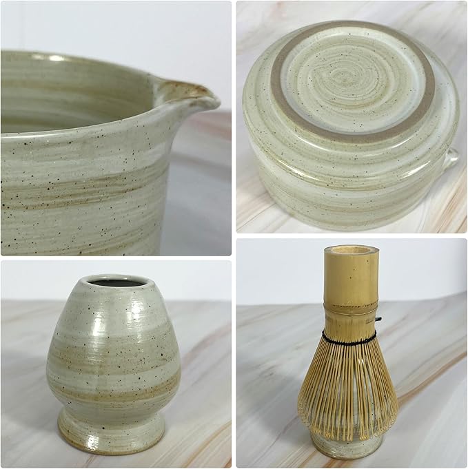 Matcha Whisk Set 6 pc Kit - Traditional Japanese Chasen, Bamboo Whisk Holder, Ceramic Bowl with Spout, Sifter & 2 pc Spoons - matcha kit set, Gift for Matcha Tea Lovers(Gray)