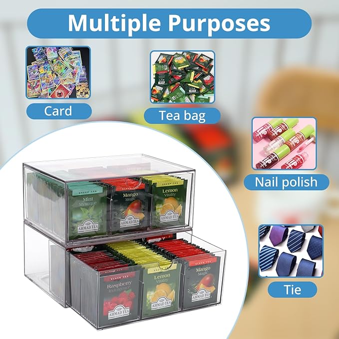 2 Large Acrylic Tea Bag Organizer, 9 Grids Tea Organizers and Storage with Acrylic Drawers Stackable, Teabag Holder Organizer for Counter Countertop Kitchen Cabinet