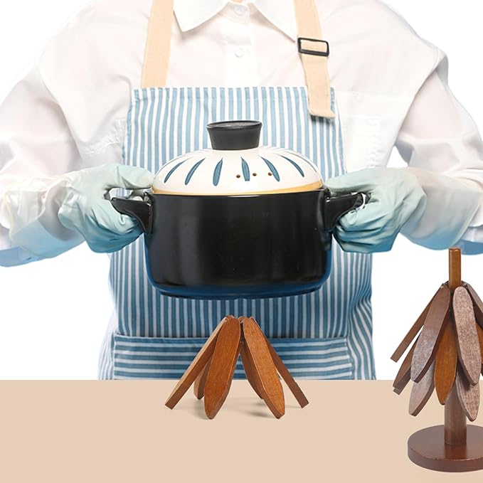 Tree Shape Bamboo Trivet Kitchen Decor Tree Shaped Holder Beech Wood Foldable Design Hot Dishes, Pot, Teapot, Plates, Bowls (Beech-3)