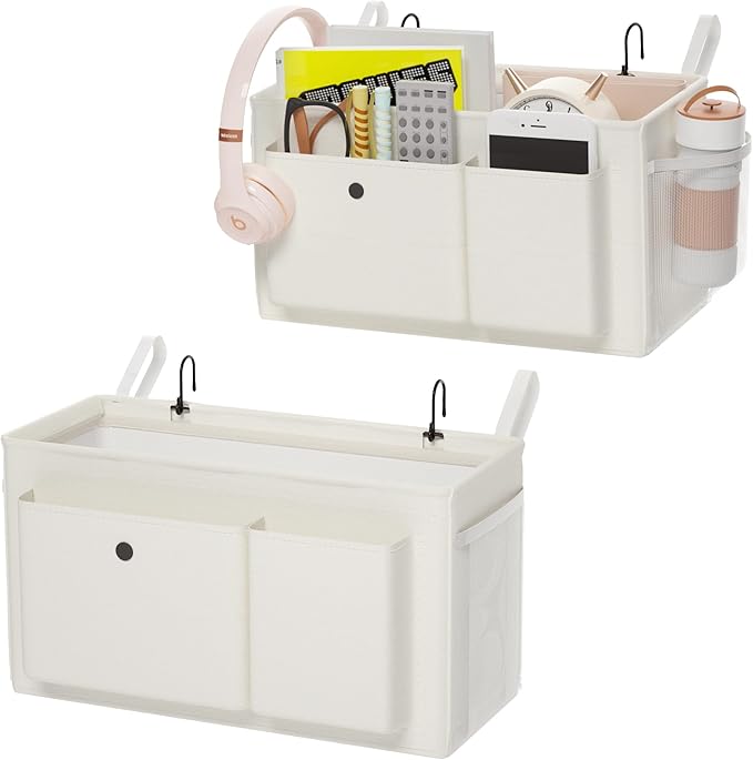 Bedside Caddy Bedside Organizer with Fixed Straps & Water Bottle Holder, Bunk Bed Caddy ideal for Home, Dorm, Hospital, Crib, Versatile Bedside Storage Solution (White 2pcs)