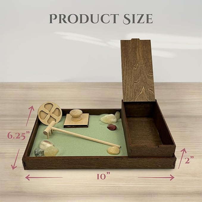 Wooden Zen Garden with Accessories Box | Palo Verde Sand with Rake & Accessories | Minimalist Decor Gift for Relaxation | Great for Storing Tools and Other Items