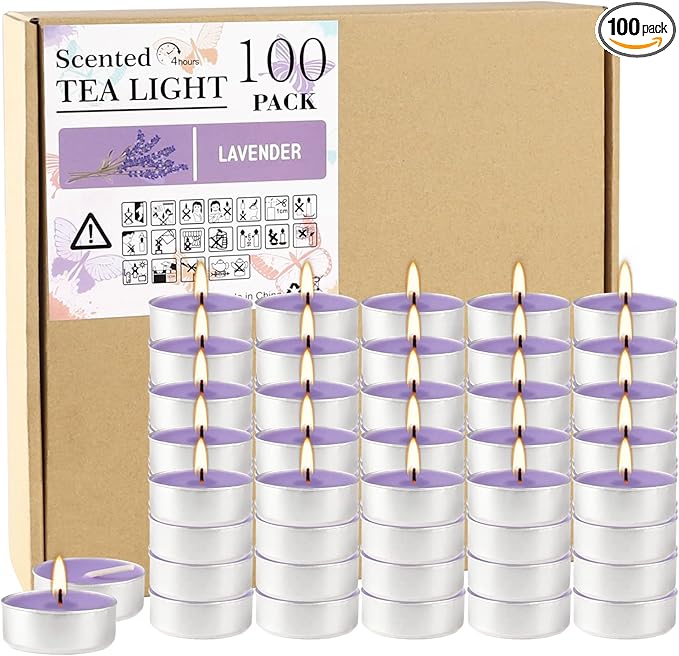 Purple Scented Tealight Candles - 100 Pack Votive Candles Bulk - Lavender Fragrance Tea Light Candle Gift Set for Holiday, Wedding and Home - 4 Hour