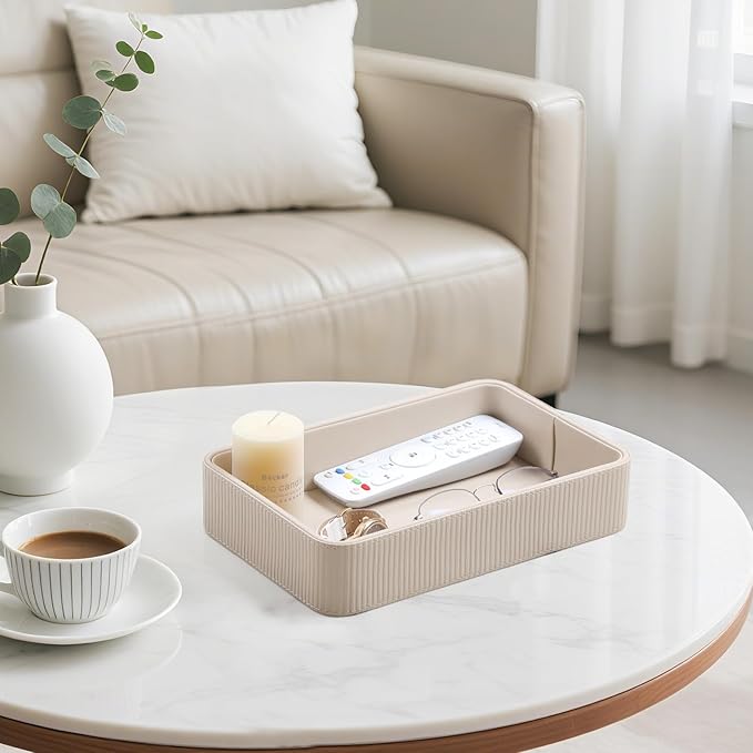 PU Leather Valet Tray Organizer, Modern Nightstand Organizer Bedside Desktop Storage for Womens and Men, Decorative Perfume Trinket Catchall Vanity Tray for Key Watch Wallet (Beige)