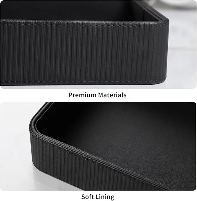 PU Leather Valet Tray Organizer, Modern Nightstand Organizer Bedside Desktop Storage for Womens and Men, Decorative Perfume Trinket Catchall Vanity Tray for Key Watch Wallet (Black)