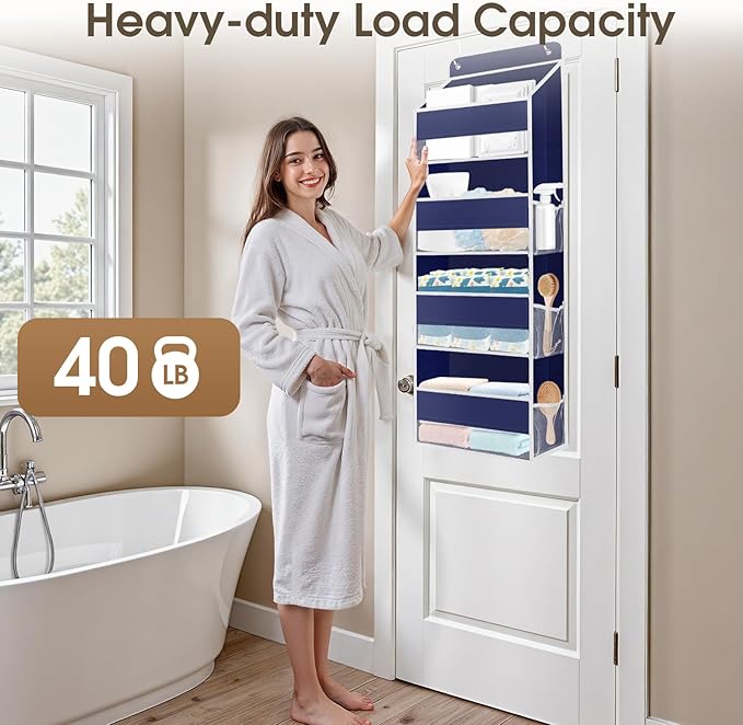 1 Pack Over The Door Organizer, Hanging Storage Organizer with Clear Window, 40lb Ultra Sturdy Large Capacity Room Organizer for Pantry Laundry Bathroom Nursery Closet (Blue)
