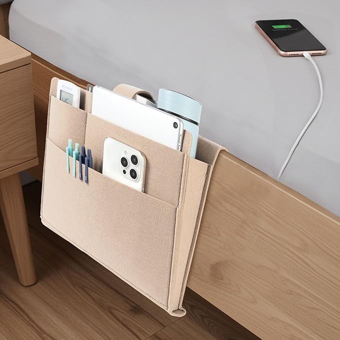 Seefoo Bedside Caddy, Large Bed Caddy Organizer with Cord Slit, Magazine Holder for Books, Remotes, Bunk Bed Storage Pocket with Strong-Grip Loop Tape Sticky for Dorm, Bedroom, Sofa Beige