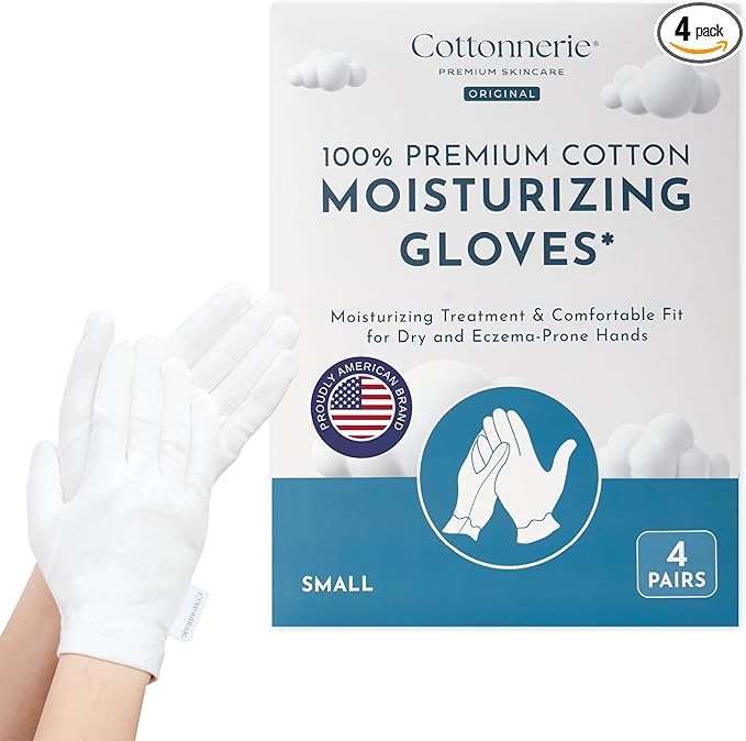 4 Pairs Cottonnerie Original Cotton Gloves for Dry Hands Sleeping, Moisturizing Gloves Overnight, Hand Moisturizer Gloves, Moisture Gloves for Dry Hands Overnight, Sleeping Gloves, Small