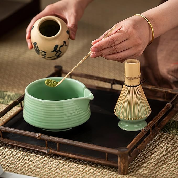 8 Pcs Matcha Whisk Set, Ceramic Matcha Whisk Holder, Ceramic Bowl with Spout, Matcha Ceremony Accessory, Home Kitchen Decor Tea Gifts for Birthdays, Halloween and Christmas (Green)