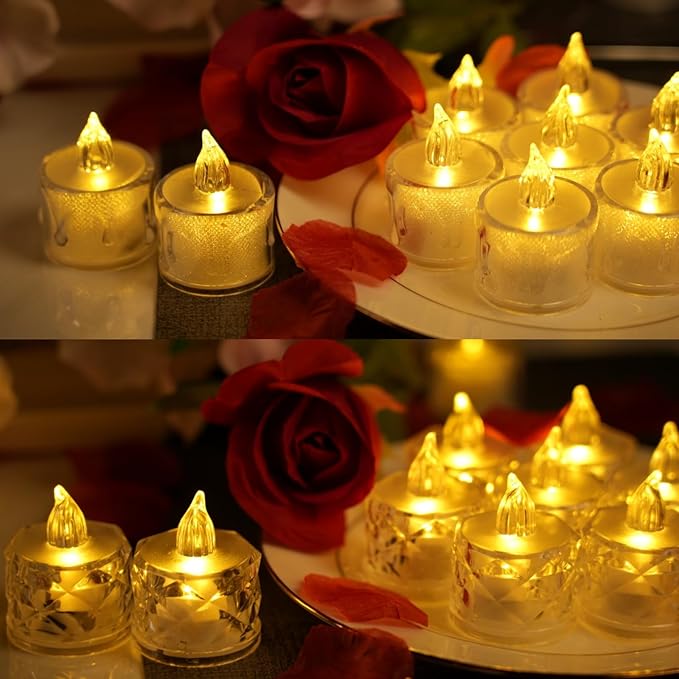 48 Pack Flameless Tea Lights - Battery Operated Crystal LED Tealight & Votive Electric Fake Candles for Valentines & Christmas