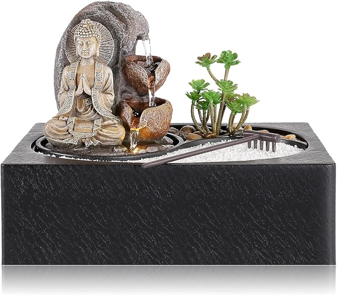 WICHEMI Waterfall Fountains Indoor Water Fountain Tabletop Fountain Zen Garden Buddha Fountain with LED Warm Light for Office Home and Bedroom Desktop Decor