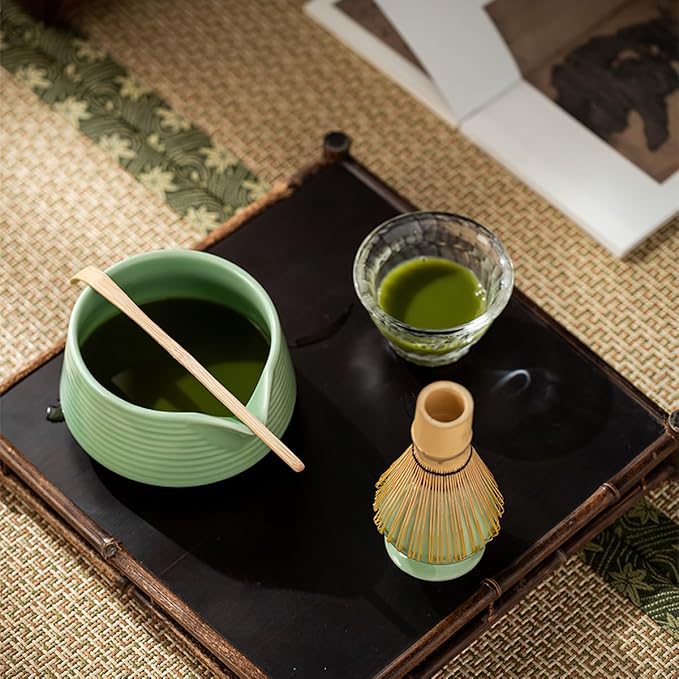 8 Pcs Matcha Whisk Set, Ceramic Matcha Whisk Holder, Ceramic Bowl with Spout, Matcha Ceremony Accessory, Home Kitchen Decor Tea Gifts for Birthdays, Halloween and Christmas (Green)