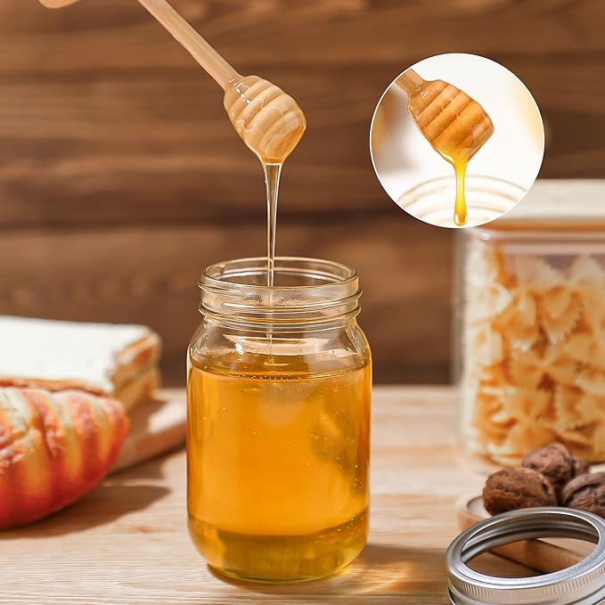 2pcs Wooden Honey Dippers, Honey Spoon Wooden Stick for Regular Mouth Mason Jars, Wood Spoon and Lid for Regular Mouth 16 oz Mason, Ball Jars (Only Dippers Lid)