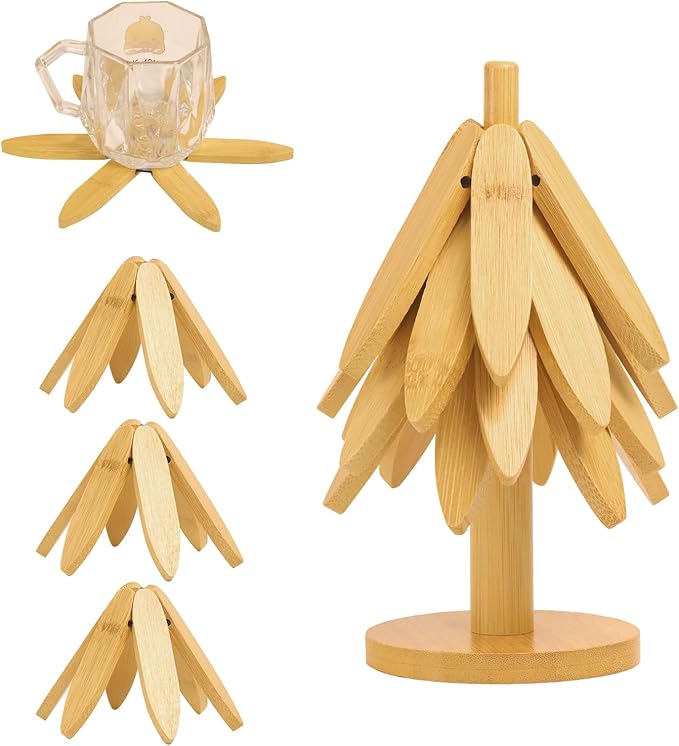 Tree Shape Bamboo Trivet Kitchen Decor Tree Shaped Holder Beech Wood Foldable Design Hot Dishes, Pot, Teapot, Plates, Bowls (Beech-3)
