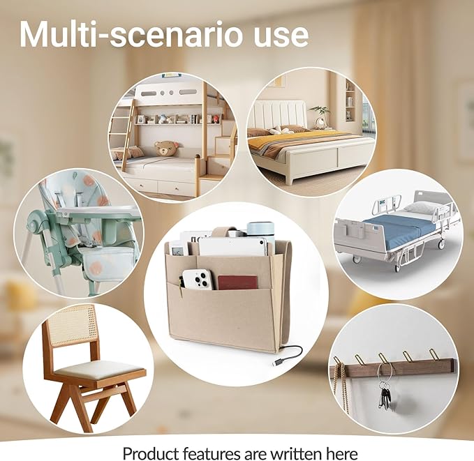 Seefoo Bedside Caddy, Large Bed Caddy Organizer with Cord Slit, Magazine Holder for Books, Remotes, Bunk Bed Storage Pocket with Strong-Grip Loop Tape Sticky for Dorm, Bedroom, Sofa Beige