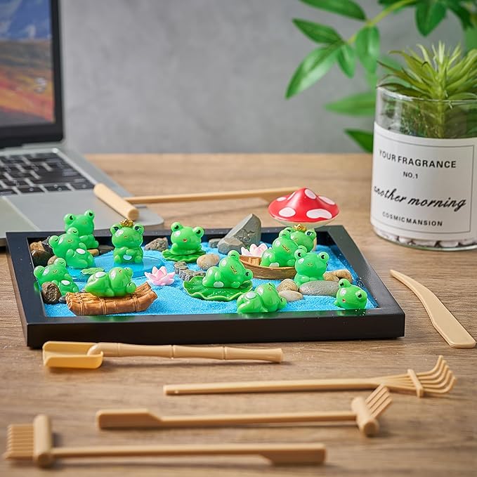 Soulchen Zen Garden Kit for Desk Decor Christmas Sand Zen Garden Gifts Mini Sandbox Set with Black Wooden Tray, Sand, Tools & Accessories Japanese Gifts for Meditation Room Office Home