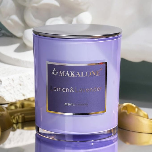 MAKALONE Lemon & Lavender Scented Candle for Men and Women,Hand-Poured Soy Candles,Non Toxic Vegan Soy Wax-Long-Lasting 60 Hour Burn Time,Glass Jar Scented Candles,9oz for Home,Yoga,Meditation