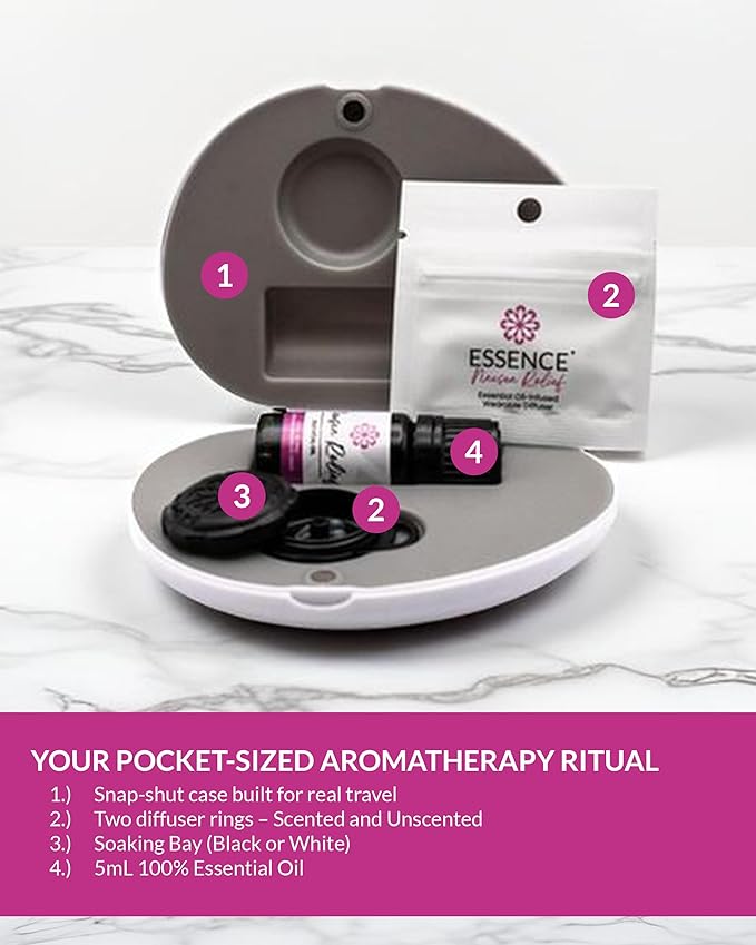 Essence Pearl Travel Case - Wearable Aromatherapy Kit with Nasal Diffuser Rings, Soaking Bay, and 5mL Essential Oil – Portable Wellness Gift Set for On-The-Go Self Care