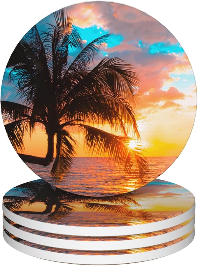 Palm Tree Coaster Set of 4, Absorbent Ceramic Stone Coasters with Cork Backing, Sunset Beach Theme Round Coasters for Home Table Decor, Ideal Gifts for Women or Men