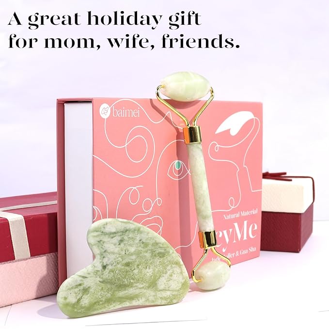 BAIMEI IcyMe Jade Roller & Gua Sha Set Face Roller and Gua Sha Facial Tools for Skin Care Routine and Puffiness, Self Care Gift for Men Women - Light Green