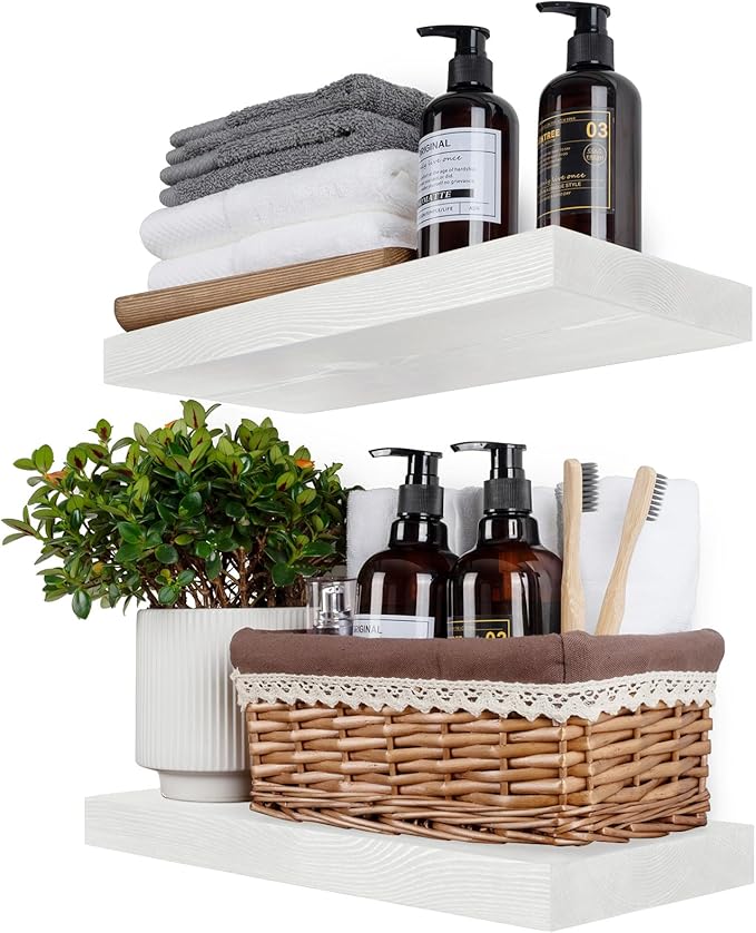 BGMG Wood Floating Shelves 18 inch,White Floating Shelves for Wall,Solid Wood Wall Shelves for Bathroom Living Room Bedroom Kitchen Farmhouse Set of 2-18x 6.7 x1.25 inch