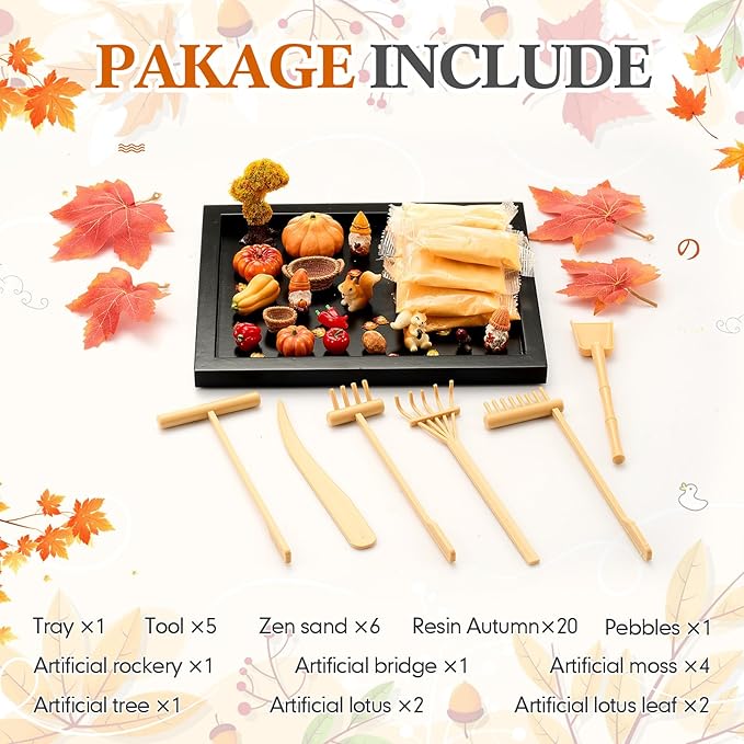 Soulchen Zen Garden Kit for Desk Decor Christmas Sand Zen Garden Gifts Mini Sandbox Set with Black Wooden Tray, Sand, Tools & Accessories Japanese Gifts for Meditation Room Office Home(Fall)