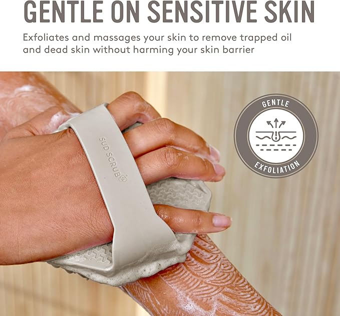 Sud Scrub® Antimicrobial Silicone Body Scrubber, Exfoliating Body Scrubber for Sensitive Skin, Eco Friendly Shower Scrubber for Body, Silicone Body Brush for Showering, Clay
