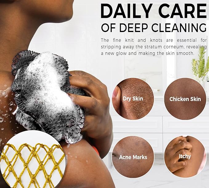 African Net Sponge Black and AntiGolden - 2 Pieces Authentic African Bath Sponges with Knots - Exfoliating Body Scrubber for Men - Back Scrub Exfoliator for Shower Bathroom Accessories