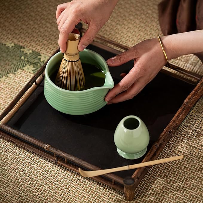 8 Pcs Matcha Whisk Set, Ceramic Matcha Whisk Holder, Ceramic Bowl with Spout, Matcha Ceremony Accessory, Home Kitchen Decor Tea Gifts for Birthdays, Halloween and Christmas (Green)