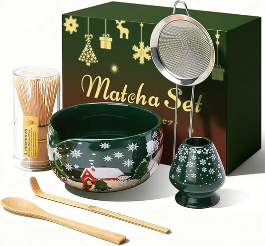 Christmas Gifts Matcha Whisk Set, Ceramic Matcha Set Includes Bowl & Holder, Bamboo Whisk (Chasen), Scoop, Spoon and Sifter, 6PCS Matcha Kit Covers Everything Needed for Making Matcha