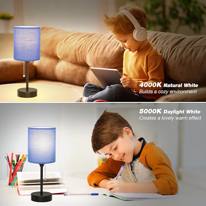 Blue Table Lamps 3 Color Temperatures - 3000K 4000K 5000K Bedside Lamps with USB C and A Ports, Pull Chain Lamps for Bedrooms with AC Outlet, Nightstand Lamps with Black Metal Base for Kids Boys
