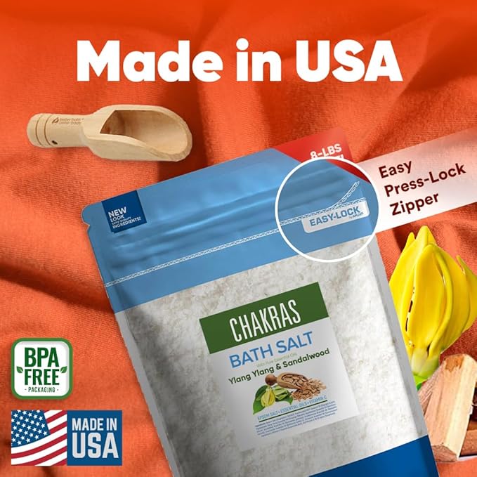 Chakras Bath Salt 128 Ounces (8 Lbs) Epsom Salt with Natural Ylang Ylang and Sandalwood Essential Oils Plus Vitamin C in BPA Free Pouch with Easy Press Lock Seal Made in USA