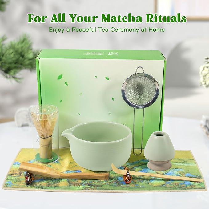 Matcha Whisk Set, 9PCS Ceramic Matcha Tea Set Includes Bowl, Whisk and Holder, Bamboo Scoop, Scoop Rest, Sifter and Tea Towel for Traditional Matcha Ceremony Matcha Lovers