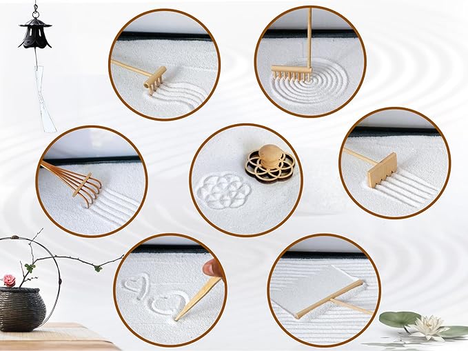 Tabletop Zen Garden Kit Set - Mini Rock Sand Garden Zen Gift Set for Home Office Desk Japanese Decor 7 Zen Tools Mini Rakes 21 Accessories Bamboo Sand Tray Therapy Desktop Meditation Room Gifts