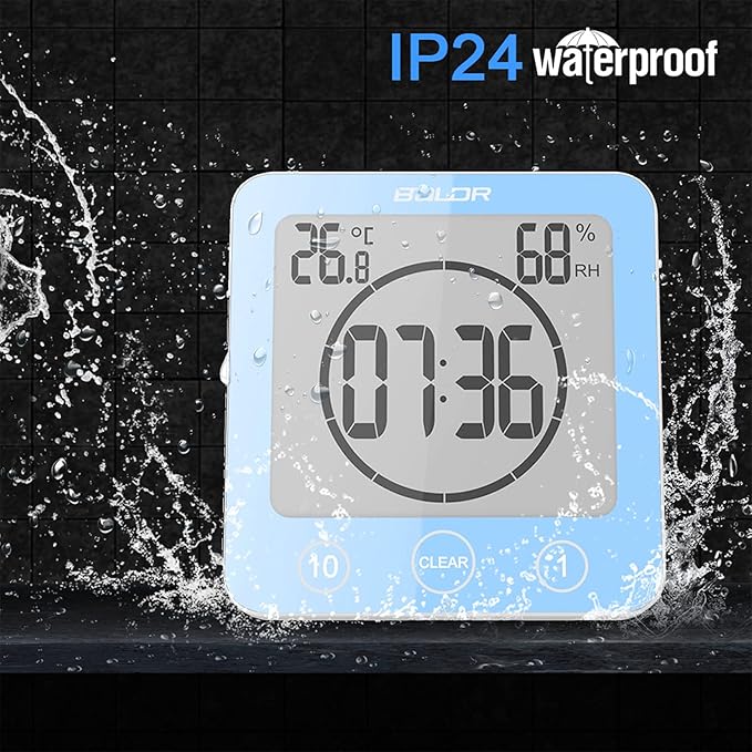 Digital Bathroom Shower Wall Clock Timer, LCD Digital Wall Clock with Suction Waterproof Temperature Humidity Gauge, Touch Screen Timer, Large Countdown Visual Timer Hanging Wall Clock