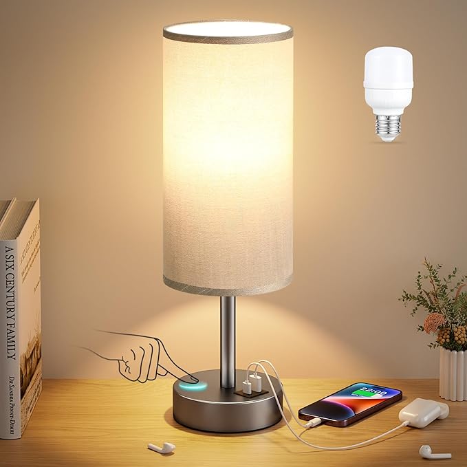 Small Touch Bedside Lamp with USB - 3 Way Dimmable Grey Table Lamp for Bedroom, Nightstand Lamp with Charging Station for Desk Dorm, Office