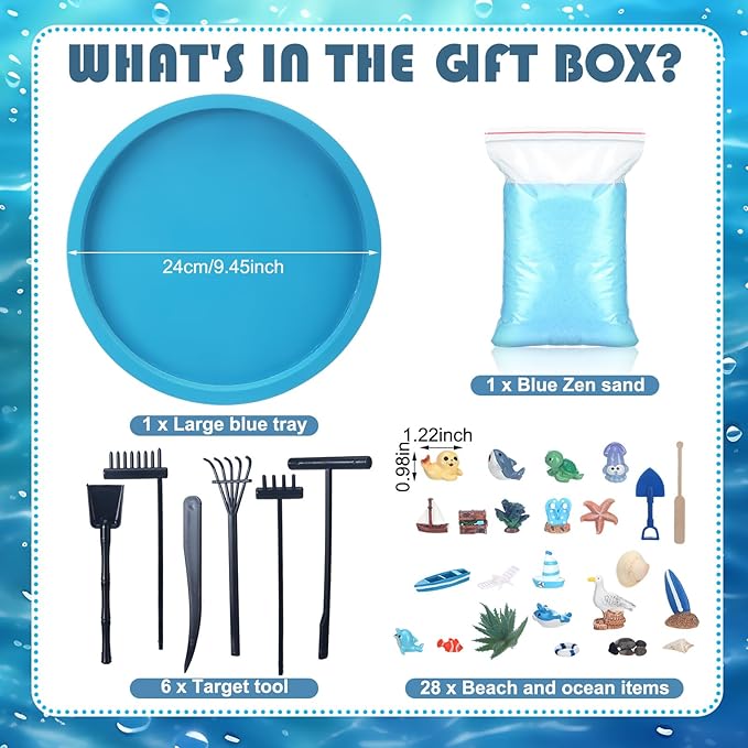 37 Pcs Ocean Zen Garden Kit for Desk 10 x 10 Inches Japanese Beach Sea Decoration Mini Zen DIY Gifts Set with Mini Decorative Tools Blue Tray and Sand for Desktop Meditation Accessories