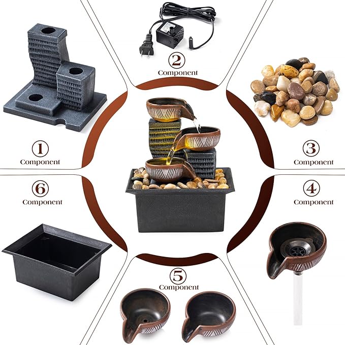 Tabletop Fountain, 3-Tier Desktop Waterfall with LED Lights, Small Indoor Water Feature with Natural River Stones, Suitable as Zen Decor for Home/Office