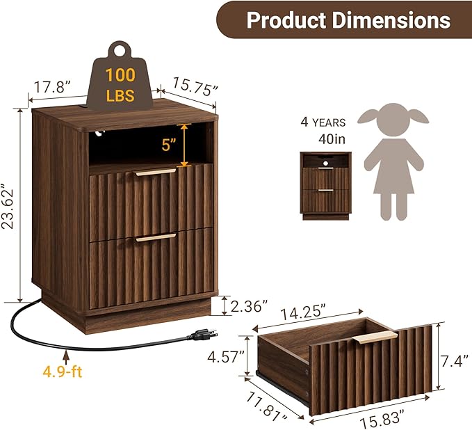 Fluted Nightstand with Charging Station, 18" Modern Farmhouse Night Stand, 2 Drawers End Table with Storage, Bedside Table for Bedroom Sofa Home Office, Curved Profile Design (Walnut)