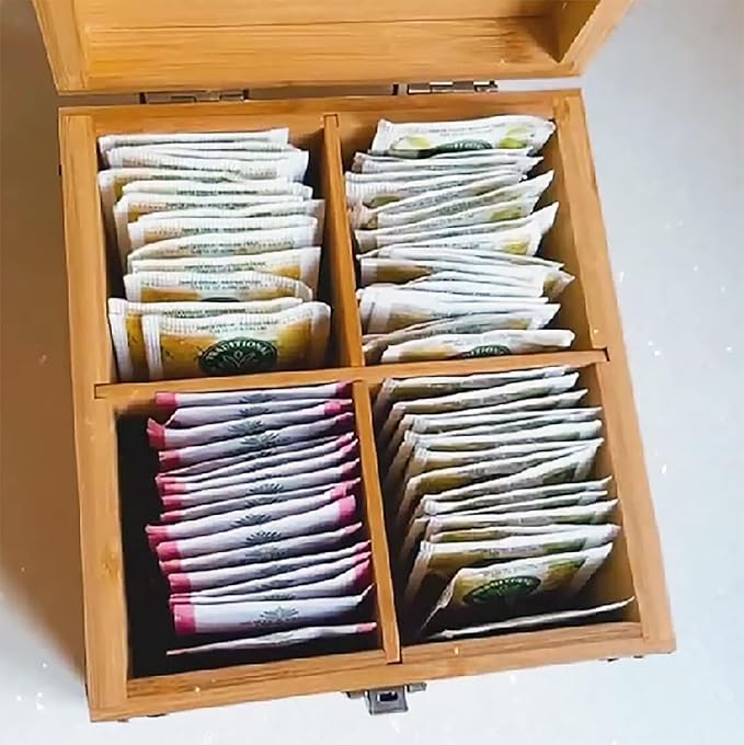 Bamboo Tea Organizer Box Chemical Free Eco-Friendly Big, Tall, Adjustable Cubbies Natural Wooden Storage Chest (4-Slot Square 7.4" x 8.1" x 4.2")
