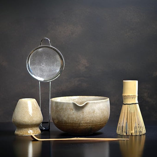 Matcha Set, Handcrafted Bamboo Chasen & Ceramic Bowl, 5 Pcs Matcha Set Whisk and Bowl with Stainless Steel Sifter, Bamboo Scoop & Holder for Matcha Tea Ceremony, Taupe