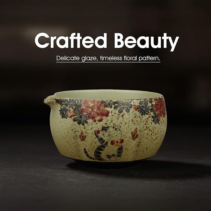 7-Piece Matcha Set with Matcha Bowl, Bamboo Whisk (Chasen) & Holder, Sifter, Tea Scoop & Rest, Special Bamboo Tea Mat - Perfect Matcha Kit for Matcha Lovers & Gift Giving, Kitty Pattern