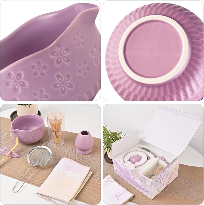 APLSTOW Matcha Whisk Set - Traditional Japanese Handmade Bamboo Matcha Whisk and Holder, Matcha Bowl,Bamboo Scoop, Scoop Rest, Sifter and Tea Towel (Purple)