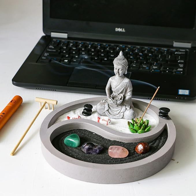 Mini Zen Garden Kit for-Desk - Yin Yang Crystal Sand Rock Garden with Zen Rake Buddha Statue Healing Stones White Sand, Japanese Meditation Gift Set for Home Office Desktop Fidget Toys