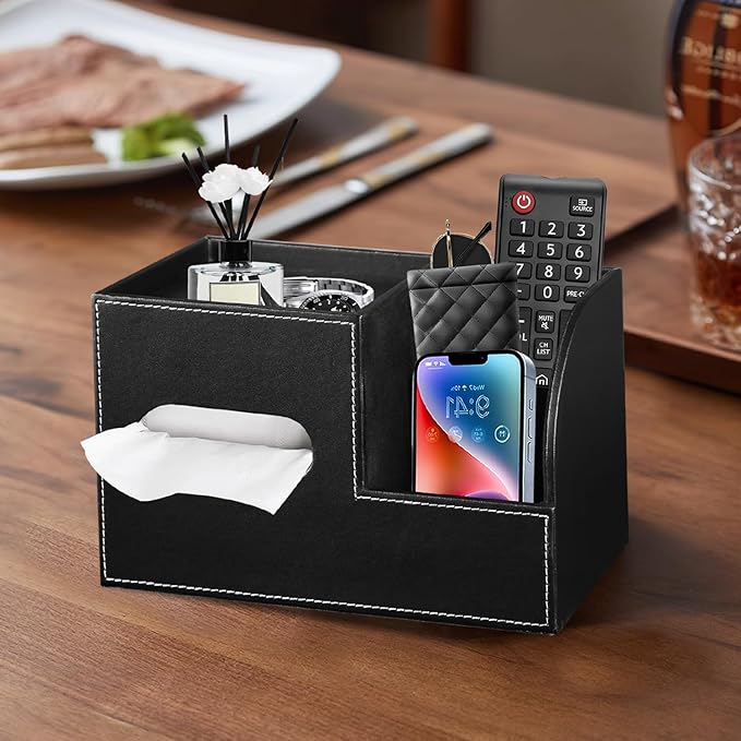 Leather Square Tissue Box Cover with Storage Tray,Cube Tissue Box Holder,Modern Facial Paper Organizer with Remote Control Holder for Bathroom,Vanity Countertop,End Table NightStand Home Office.Black