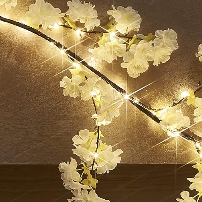 Hairui Cherry Blossom 96 LED Fairy Lights 6FT Garland, White, Battery Operated with Timer for Indoor/Outdoor Decor