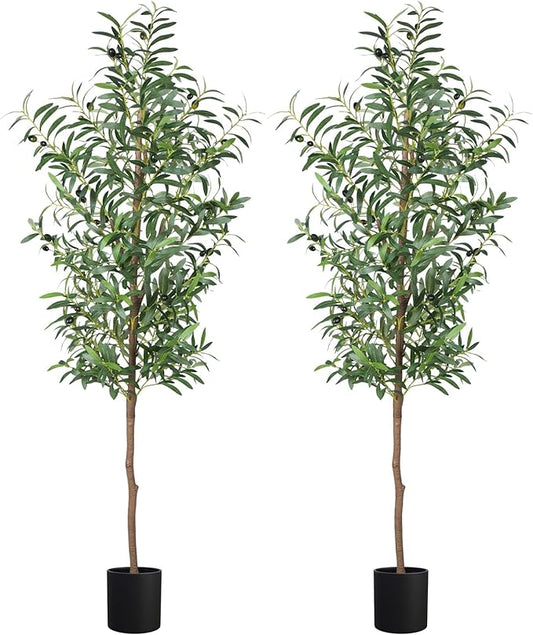 Fake Olive Tree, 5FT 2Pack Tall Plants Olive Trees 60in Silk Plant with Trunk and Realistic 536 Leaves and 20 Fruits for Modern Office Home Decor Indoor