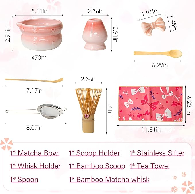 Matcha Whisk Set, 8 PCS Ceramic Set Includes 15-OZ Matcha Bowl with Spout, Bamboo Tea Whisk and Stand, Scoop and Spoon. Matcha Kit for Matcha Lovers and Beginners (pink)