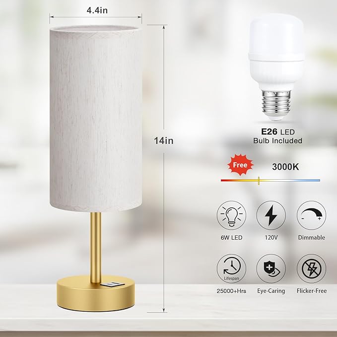 Small Touch Bedside Lamp with USB - 3 Way Dimmable Gold Table Lamp for Bedroom, Nightstand Lamp with Gold Charging Station for Desk Dorm, Office